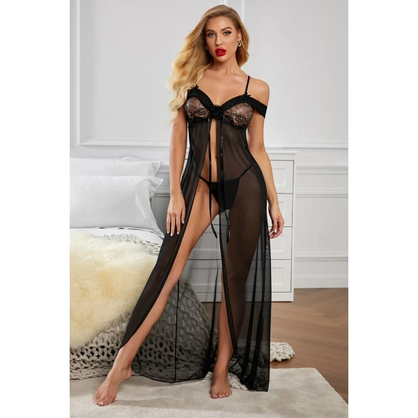 Women's Spaghetti Straps Off Shoulder Night Gown with Thong