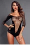 Women's Black Quarter Sleeve Off Shoulder Hollow-Out Mesh Teddy