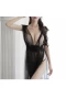 Women Sexy Long Lace Dress Sheer Gown See Through Lingerie Black