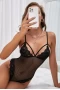 Women's Black Deep V Neck Spaghetti Straps Lace Mesh Splicing Teddy