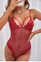 Women's Red Deep V Neck Spaghetti Straps Lace Mesh Splicing Teddy